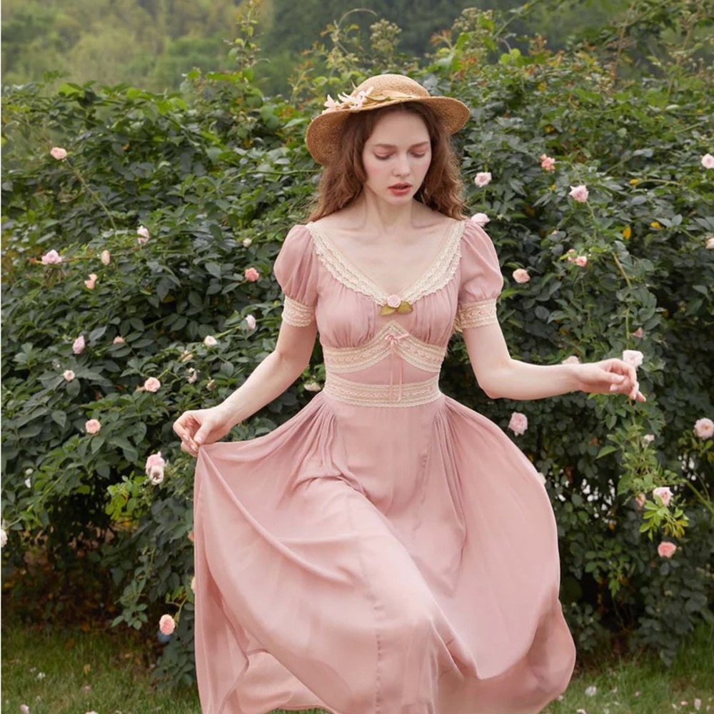 Lacemade Elegant Pink Dress with Lace Details